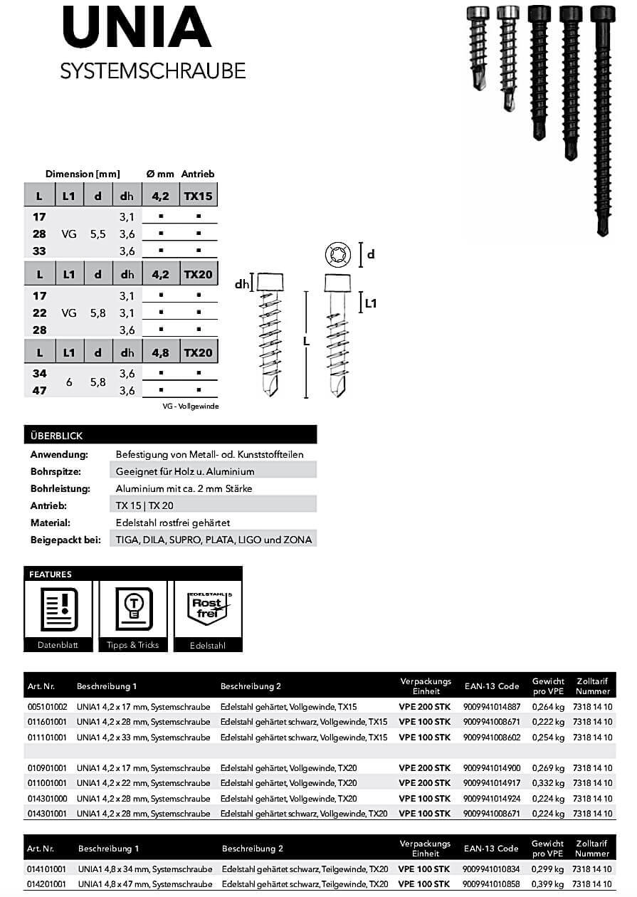 UNIA-Datenblatt UNIA Systemschraube Edelstahl